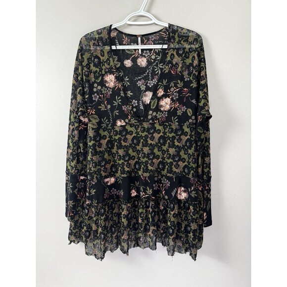 Free People Bella Black Floral Tunic S Babydoll Romantic Boho Peasant Flowy Tier - Picture 1 of 9